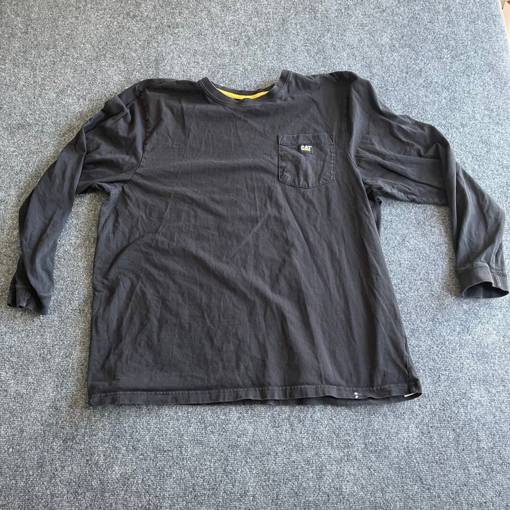 Caterpillar Mens XXL Black Long Sleeve Pocket T-Shirt Cotton Workwear CAT Logo